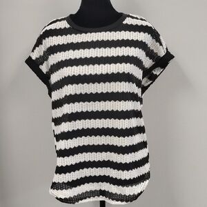 SHEIN Women's Black and White Striped Mesh Short Sleeve Top, Sz S